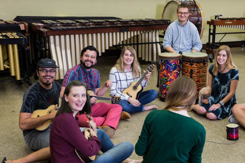 Music Education students playing classroom instruments